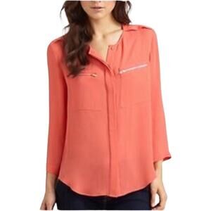 Theory Shirt Womens Medium Peach 100% Silk Henley Button Career‎ Business Work